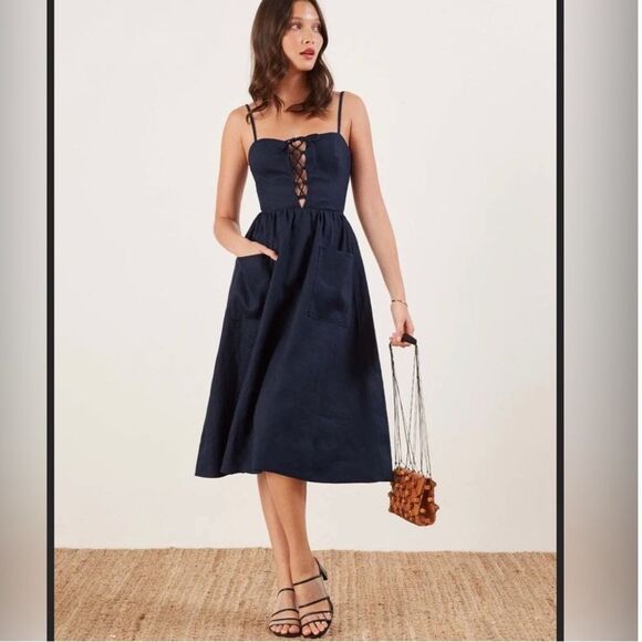 NEW Reformation 100% Linen Ellen Dress Dark Navy Lace Bodice Midi with Pockets - Picture 1 of 9